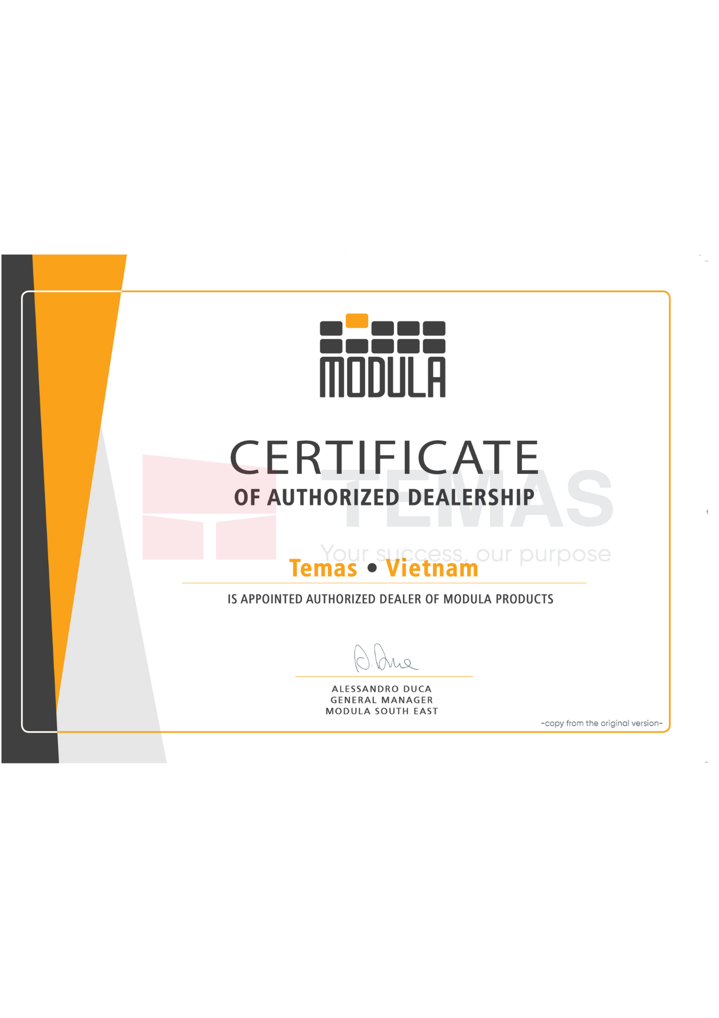Modula [/br] Certificate of Authorized Dealership